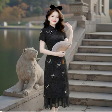BY23322# 大码女装夏季新中式改良盘扣旗袍连衣裙蜻蜓印花连衣裙拼接连衣裙 服裝批發女裝批發服飾貨源