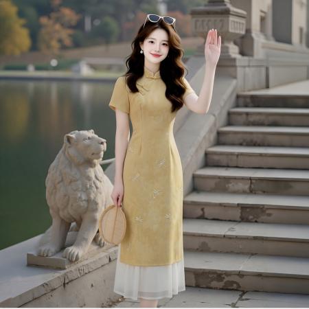 BY23322# 大码女装夏季新中式改良盘扣旗袍连衣裙蜻蜓印花连衣裙拼接连衣裙 服裝批發女裝批發服飾貨源