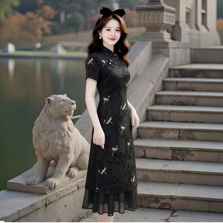 BY23322# 大码女装夏季新中式改良盘扣旗袍连衣裙蜻蜓印花连衣裙拼接连衣裙 服裝批發女裝批發服飾貨源