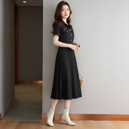 BY23326# 大码女装短袖衬衫连衣裙女微胖mm显瘦夏季赫本风法式小黑裙子 服裝批發女裝批發服飾貨源