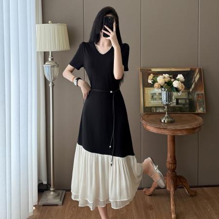 BY23333# 大码赫本风拼接腰带显瘦气质长款连衣裙 服裝批發女裝批發服飾貨源
