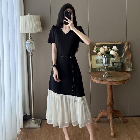 BY23333# 大码赫本风拼接腰带显瘦气质长款连衣裙 服裝批發女裝批發服飾貨源