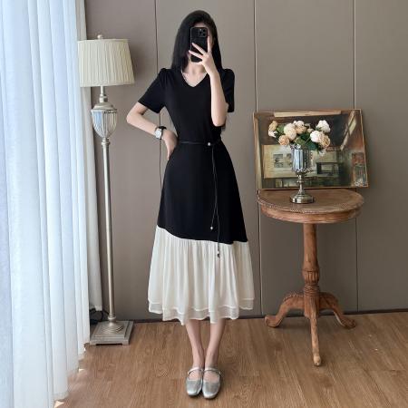 BY23333# 大码赫本风拼接腰带显瘦气质长款连衣裙 服裝批發女裝批發服飾貨源