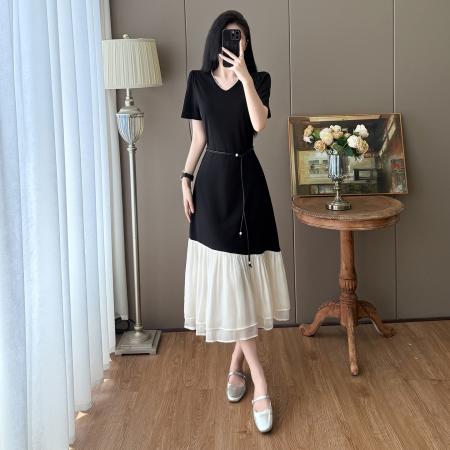 BY23333# 大码赫本风拼接腰带显瘦气质长款连衣裙 服裝批發女裝批發服飾貨源