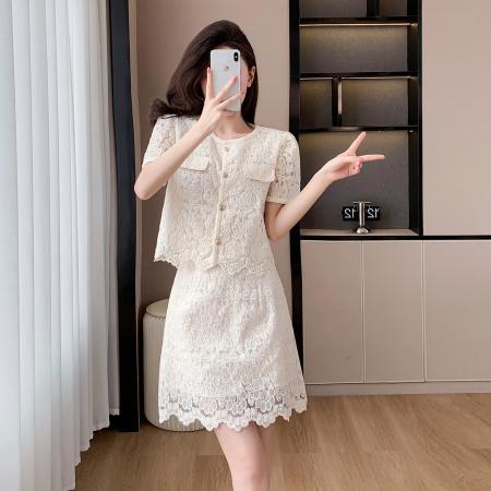 BY23334# 夏季名媛蕾丝刺绣蕾丝小香风长款短款两件套 服裝批發女裝批發服飾貨源