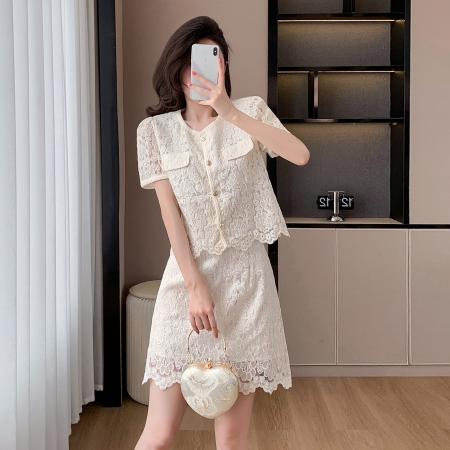 BY23334# 夏季名媛蕾丝刺绣蕾丝小香风长款短款两件套 服裝批發女裝批發服飾貨源