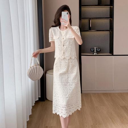 BY23334# 夏季名媛蕾丝刺绣蕾丝小香风长款短款两件套 服裝批發女裝批發服飾貨源
