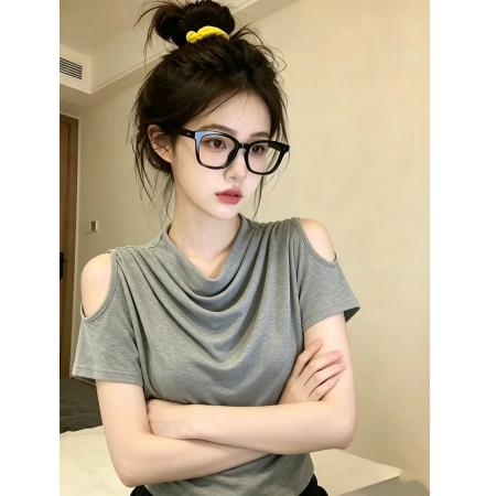 BY23336# 人棉荡领短袖t恤打底衫女夏季设计感短款露肩上衣 服裝批發女裝批發服飾貨源