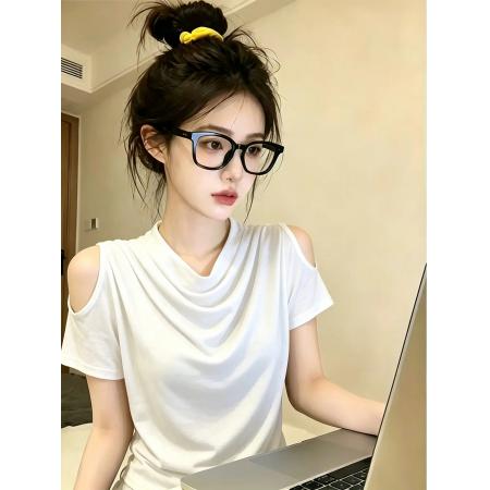 BY23336# 人棉荡领短袖t恤打底衫女夏季设计感短款露肩上衣 服裝批發女裝批發服飾貨源