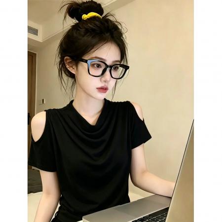 BY23336# 人棉荡领短袖t恤打底衫女夏季设计感短款露肩上衣 服裝批發女裝批發服飾貨源