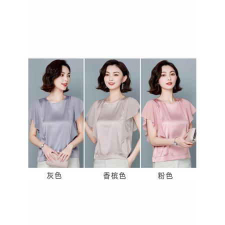 BY23345# 夏季新款气质宽松显瘦桑蚕丝缎面仿真丝荷叶边小衫 服裝批發女裝批發服飾貨源
