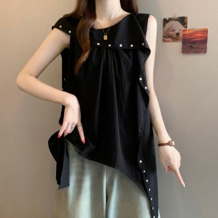 BY23347# 大码胖MM夏季新款美式设计感飘带领无袖A版上衣 服裝批發女裝批發服飾貨源
