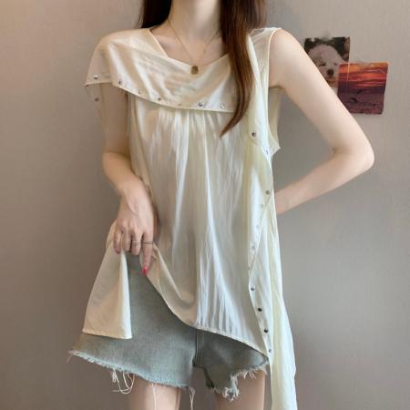 BY23347# 大码胖MM夏季新款美式设计感飘带领无袖A版上衣 服裝批發女裝批發服飾貨源