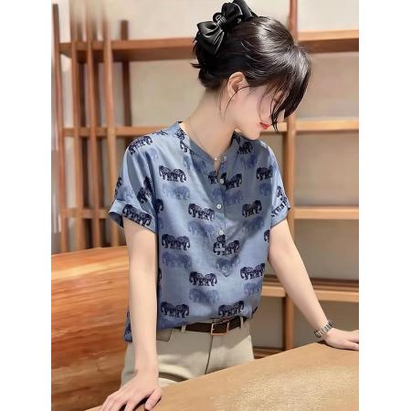 BY23350# 时尚轻奢气质蓝色短袖衬衫女夏季新款高级感时尚宽松百搭上衣 服裝批發女裝批發服飾貨源