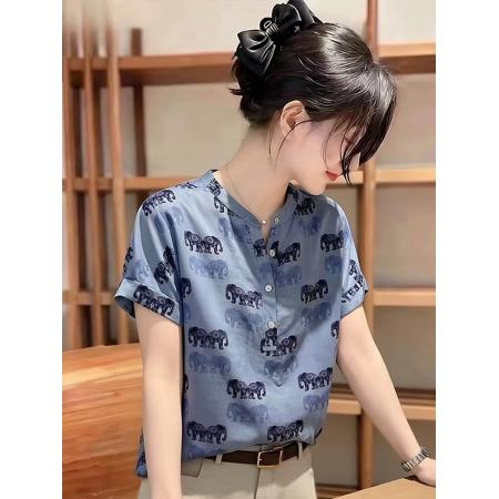 BY23350# 时尚轻奢气质蓝色短袖衬衫女夏季新款高级感时尚宽松百搭上衣 服裝批發女裝批發服飾貨源