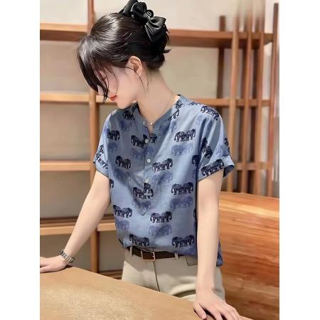 BY23350# 时尚轻奢气质蓝色短袖衬衫女夏季新款高级感时尚宽松百搭上衣 服裝批發女裝批發服飾貨源