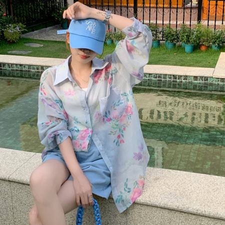 BY23353# 韩版春季花卉印花衬衫原宿风休闲宽松防晒衣女休闲上衣外套潮 服裝批發女裝批發服飾貨源