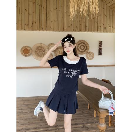 BY23354# 夏装新款胖mm大码女休闲撞色印花字母短袖短裙甜辣两件套 服裝批發女裝批發服飾貨源
