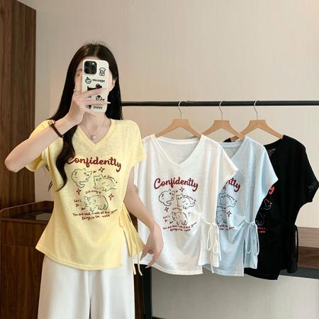 BY23356# 夏装新款胖mm大码女甜美v领卡通印花绑带飞飞袖短袖T恤 服裝批發女裝批發服飾貨源