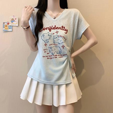 BY23356# 夏装新款胖mm大码女甜美v领卡通印花绑带飞飞袖短袖T恤 服裝批發女裝批發服飾貨源