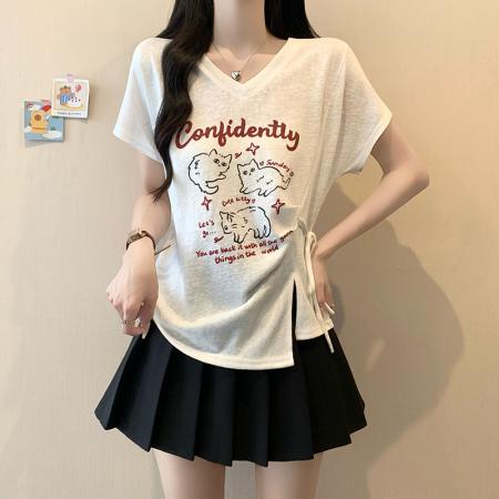 BY23356# 夏装新款胖mm大码女甜美v领卡通印花绑带飞飞袖短袖T恤 服裝批發女裝批發服飾貨源