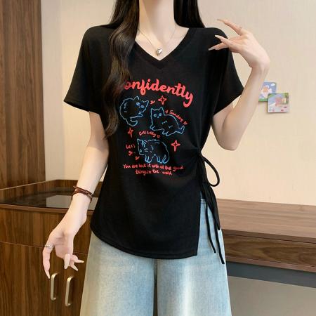 BY23356# 夏装新款胖mm大码女甜美v领卡通印花绑带飞飞袖短袖T恤 服裝批發女裝批發服飾貨源