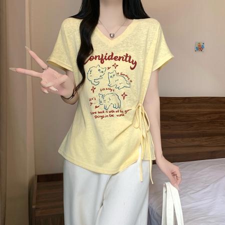 BY23356# 夏装新款胖mm大码女甜美v领卡通印花绑带飞飞袖短袖T恤 服裝批發女裝批發服飾貨源