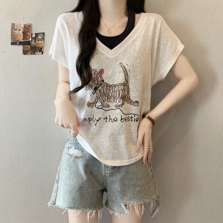 BY23358# 夏装新款胖mm大码女韩系假两件印花小狗飞飞袖短袖T恤 服裝批發女裝批發服飾貨源