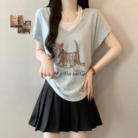 BY23358# 夏装新款胖mm大码女韩系假两件印花小狗飞飞袖短袖T恤 服裝批發女裝批發服飾貨源