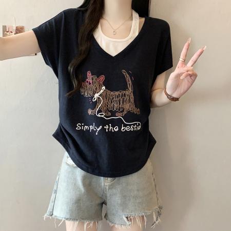 BY23358# 夏装新款胖mm大码女韩系假两件印花小狗飞飞袖短袖T恤 服裝批發女裝批發服飾貨源