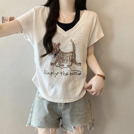 BY23358# 夏装新款胖mm大码女韩系假两件印花小狗飞飞袖短袖T恤 服裝批發女裝批發服飾貨源