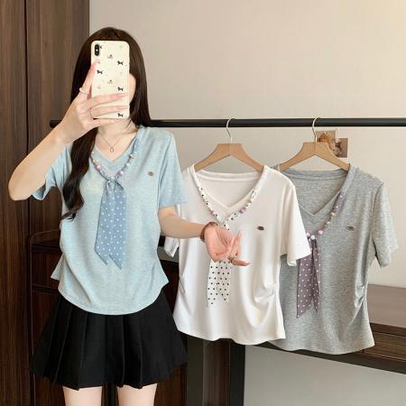 BY23359# 夏装新款胖mm大码女时尚减龄学院风波点系带弧形短袖T恤 服裝批發女裝批發服飾貨源