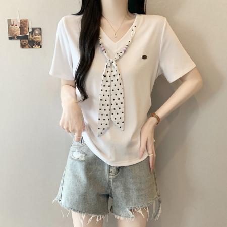 BY23359# 夏装新款胖mm大码女时尚减龄学院风波点系带弧形短袖T恤 服裝批發女裝批發服飾貨源