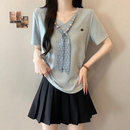 BY23359# 夏装新款胖mm大码女时尚减龄学院风波点系带弧形短袖T恤 服裝批發女裝批發服飾貨源