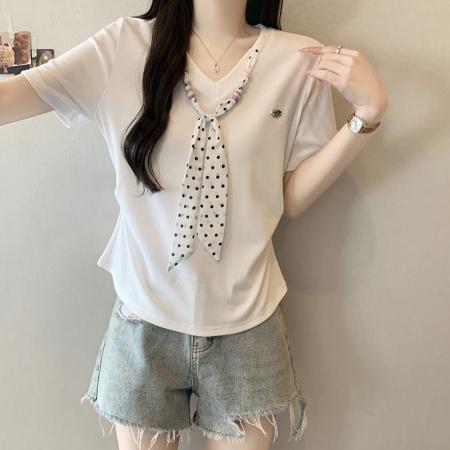 BY23359# 夏装新款胖mm大码女时尚减龄学院风波点系带弧形短袖T恤 服裝批發女裝批發服飾貨源