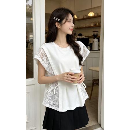 BY23375# 大码蕾丝拼接圆领短袖T恤夏季新款百搭显瘦收腰系带上衣 服裝批發女裝批發服飾貨源