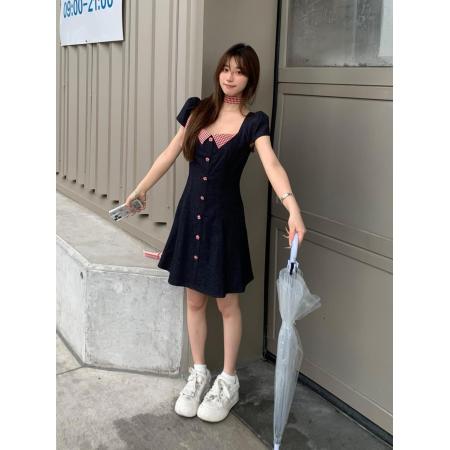 BY23390# 格子拼接设计感翻领短袖连衣裙女夏季新款韩系减龄收腰显瘦短裙子 服裝批發女裝批發服飾貨源