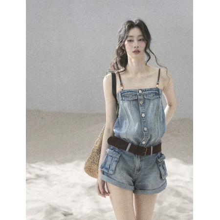BY23397# 去海边散步美式牛仔连体裤女夏连身短裤工装连衣裤 服裝批發女裝批發服飾貨源
