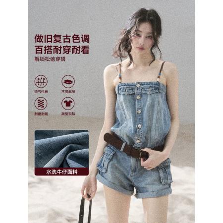 BY23397# 去海边散步美式牛仔连体裤女夏连身短裤工装连衣裤 服裝批發女裝批發服飾貨源