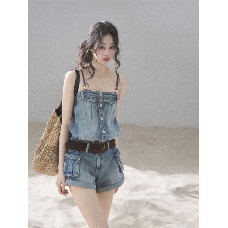 BY23397# 去海边散步美式牛仔连体裤女夏连身短裤工装连衣裤 服裝批發女裝批發服飾貨源