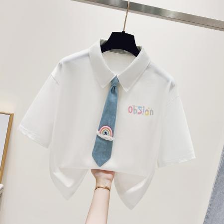 BY23403# 正肩翻领polo领短袖T恤女新款夏季短款带领带白色上衣 服裝批發女裝批發服飾貨源