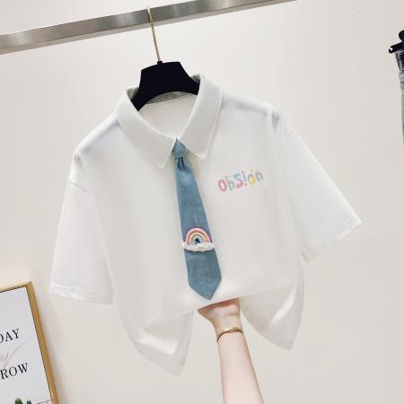 BY23403# 正肩翻领polo领短袖T恤女新款夏季短款带领带白色上衣 服裝批發女裝批發服飾貨源