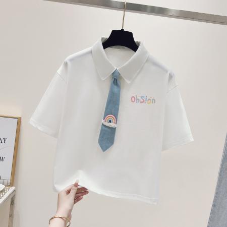 BY23403# 正肩翻领polo领短袖T恤女新款夏季短款带领带白色上衣 服裝批發女裝批發服飾貨源