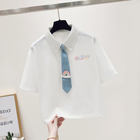 BY23403# 正肩翻领polo领短袖T恤女新款夏季短款带领带白色上衣 服裝批發女裝批發服飾貨源