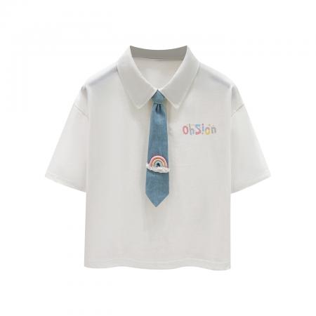BY23403# 正肩翻领polo领短袖T恤女新款夏季短款带领带白色上衣 服裝批發女裝批發服飾貨源