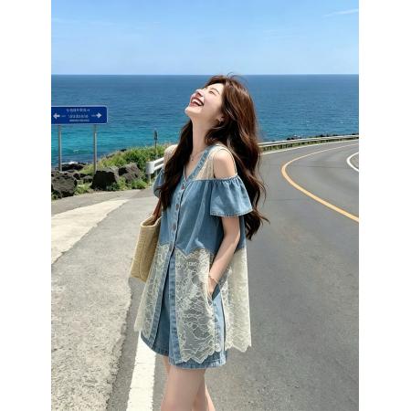 BY23409# 盐系巨好看牛仔套装女夏季新款小个子蕾丝拼接背心短裤两件套 服裝批發女裝批發服飾貨源