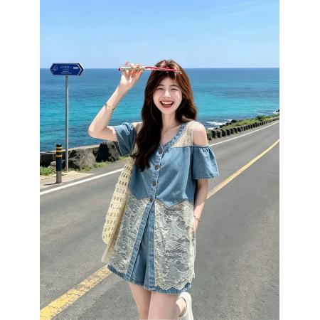 BY23409# 盐系巨好看牛仔套装女夏季新款小个子蕾丝拼接背心短裤两件套 服裝批發女裝批發服飾貨源
