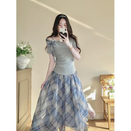 BY23411# 大码斜领t恤格子半身裙两件套女春新款韩系气质 服裝批發女裝批發服飾貨源
