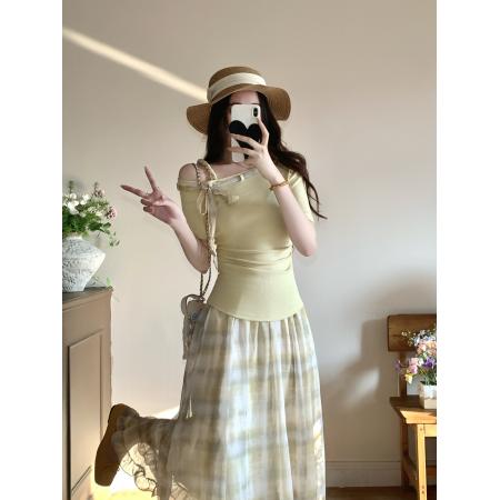 BY23411# 大码斜领t恤格子半身裙两件套女春新款韩系气质 服裝批發女裝批發服飾貨源
