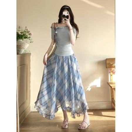 BY23411# 大码斜领t恤格子半身裙两件套女春新款韩系气质 服裝批發女裝批發服飾貨源